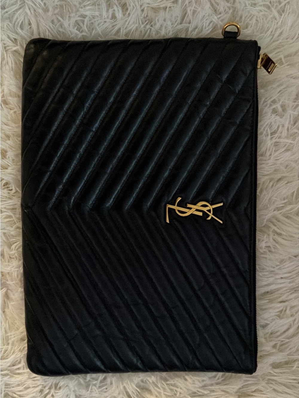 Saint Laurent Black Quilted Chevron Leather Wristlet with Gold YSL - Picture 3 of 8